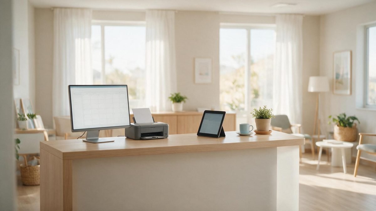 Recepción de una clínica moderna con la agenda de citas en pantalla