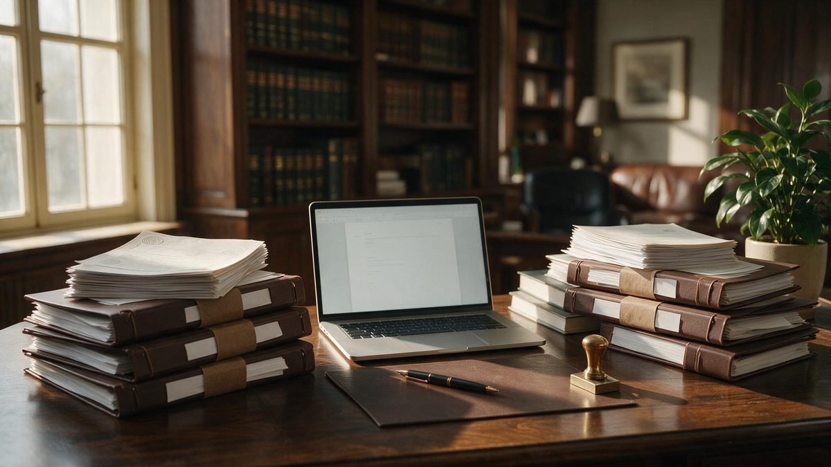 Escritorio de un despacho de abogados con expedientes y un portátil