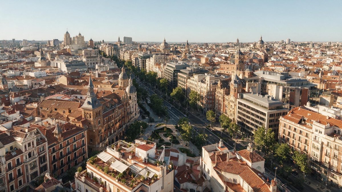 Vista aérea del centro de Madrid con edificios de oficinas