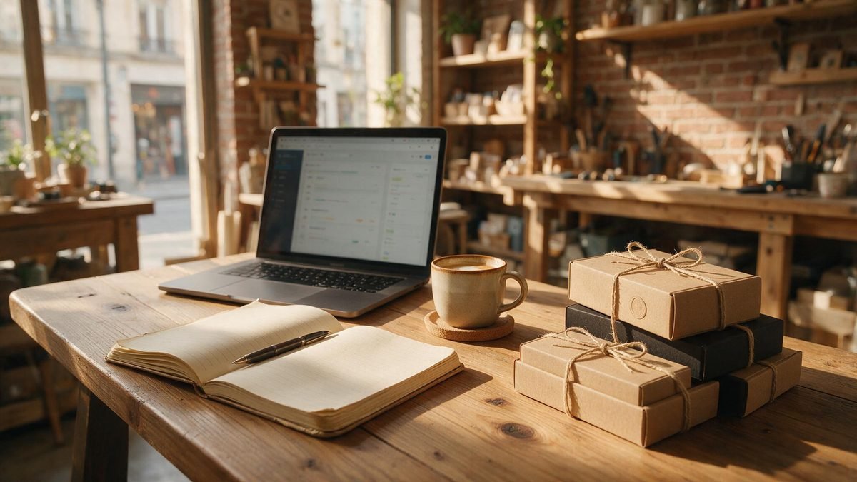 Espacio de trabajo de una pequeña empresa con portátil sobre una mesa de madera