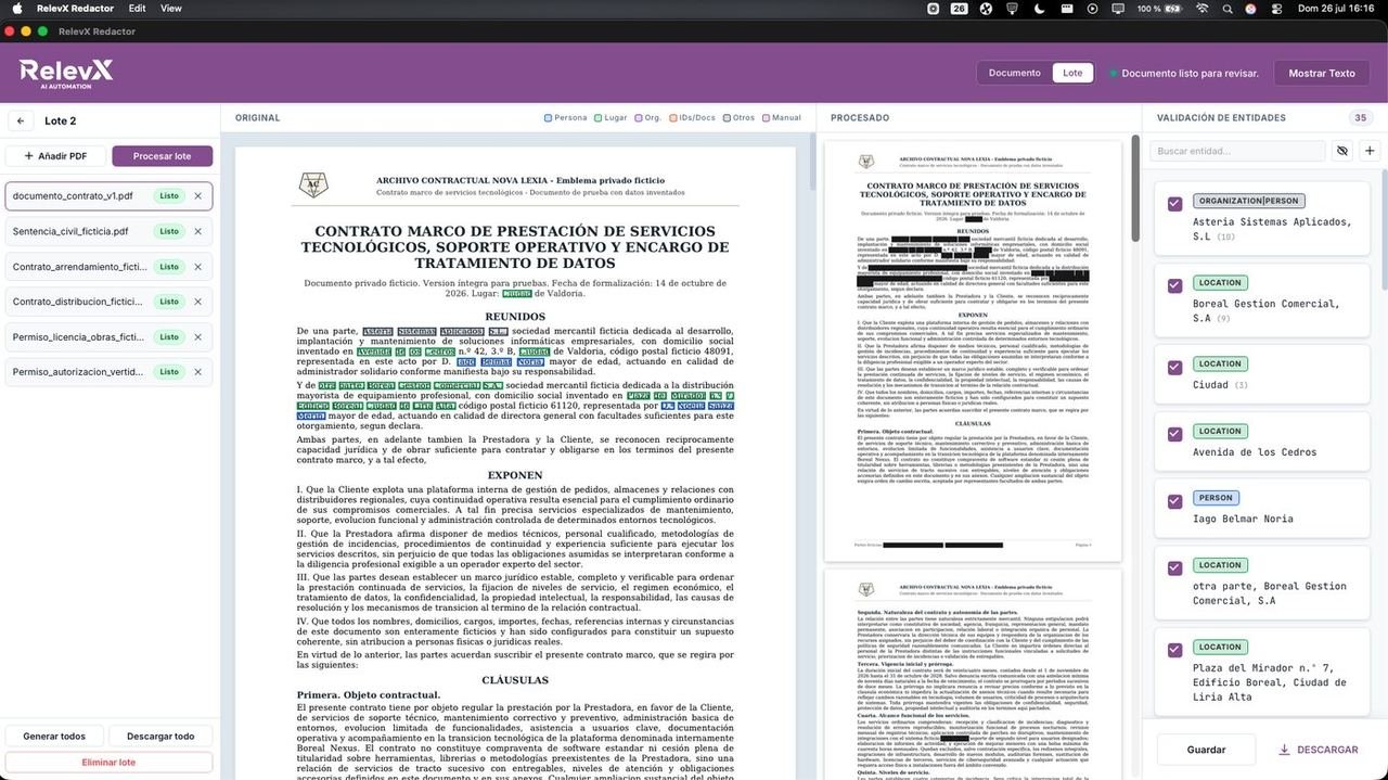 Interfaz de RelevX Redactor, la aplicación de anonimización de documentos