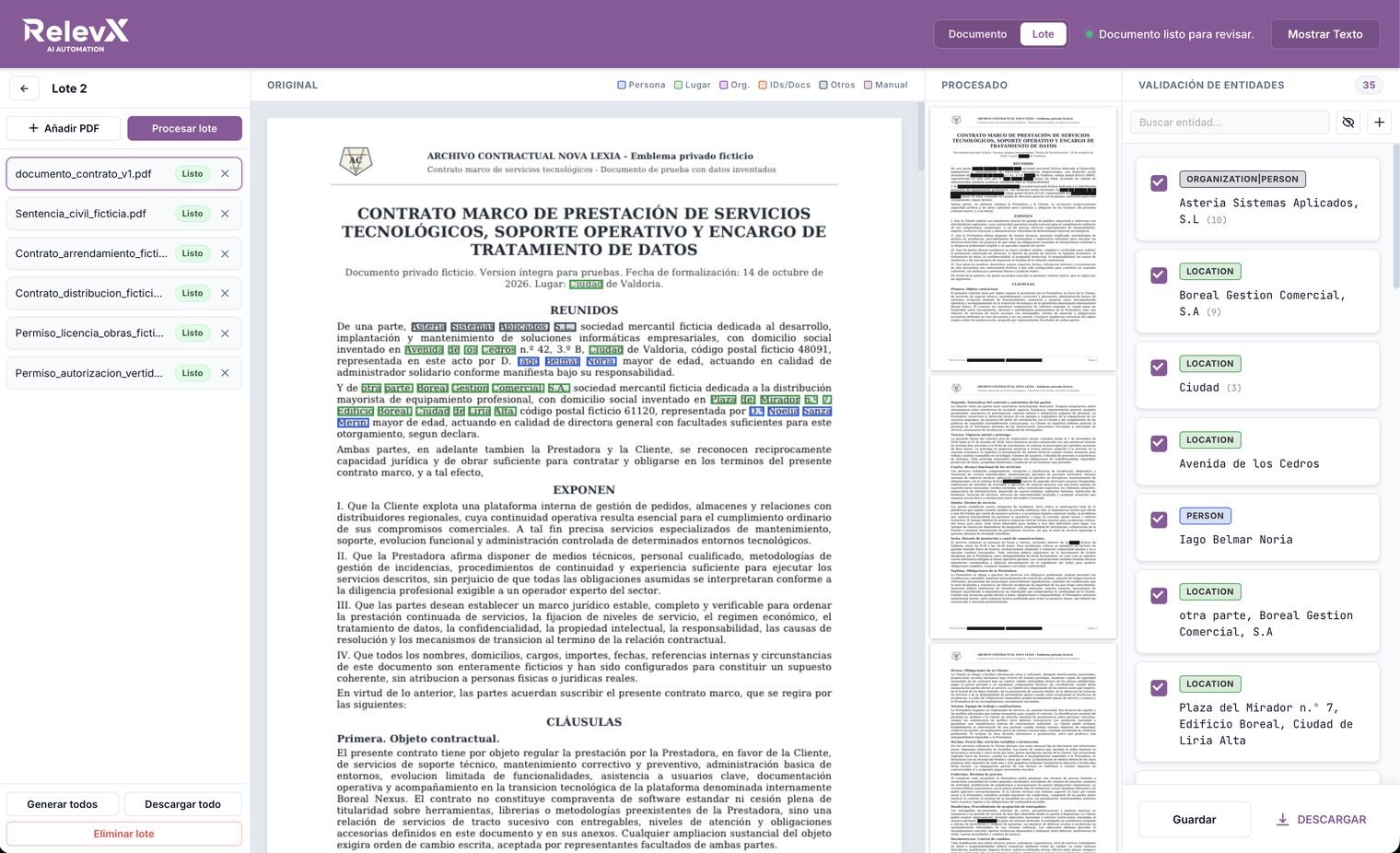 RelevX Redactor procesando un lote de seis PDF con el panel de validación de entidades