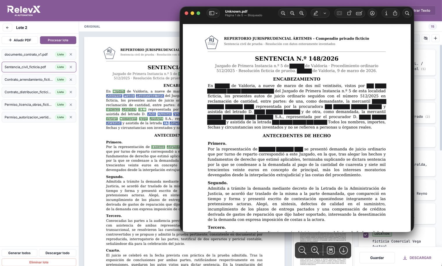 Una sentencia civil antes y después de pasar por RelevX Redactor, con los datos personales eliminados del PDF final